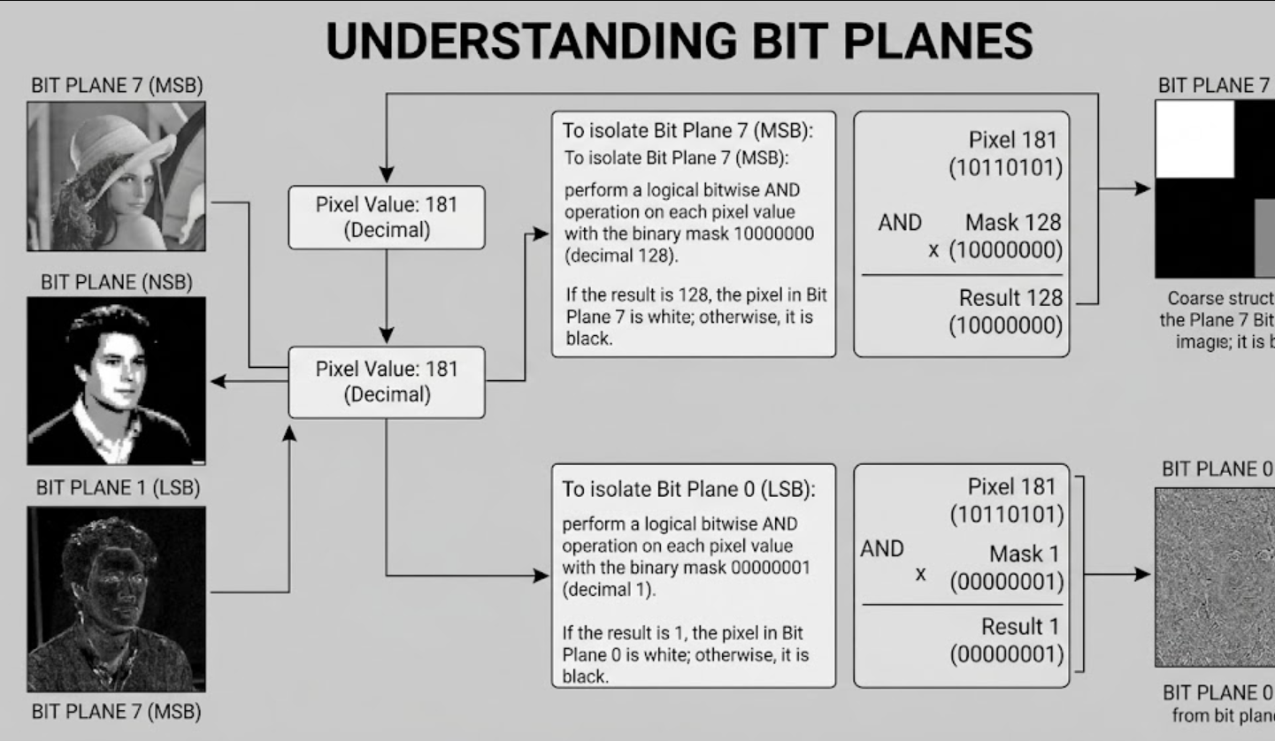Binary layers of a grayscale image shown through bit-plane slicing