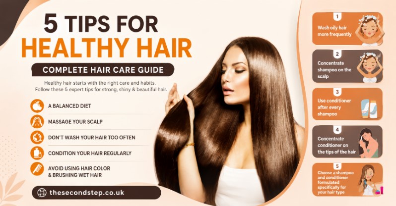 Hair care routine showing healthy shiny hair with essential hair care products