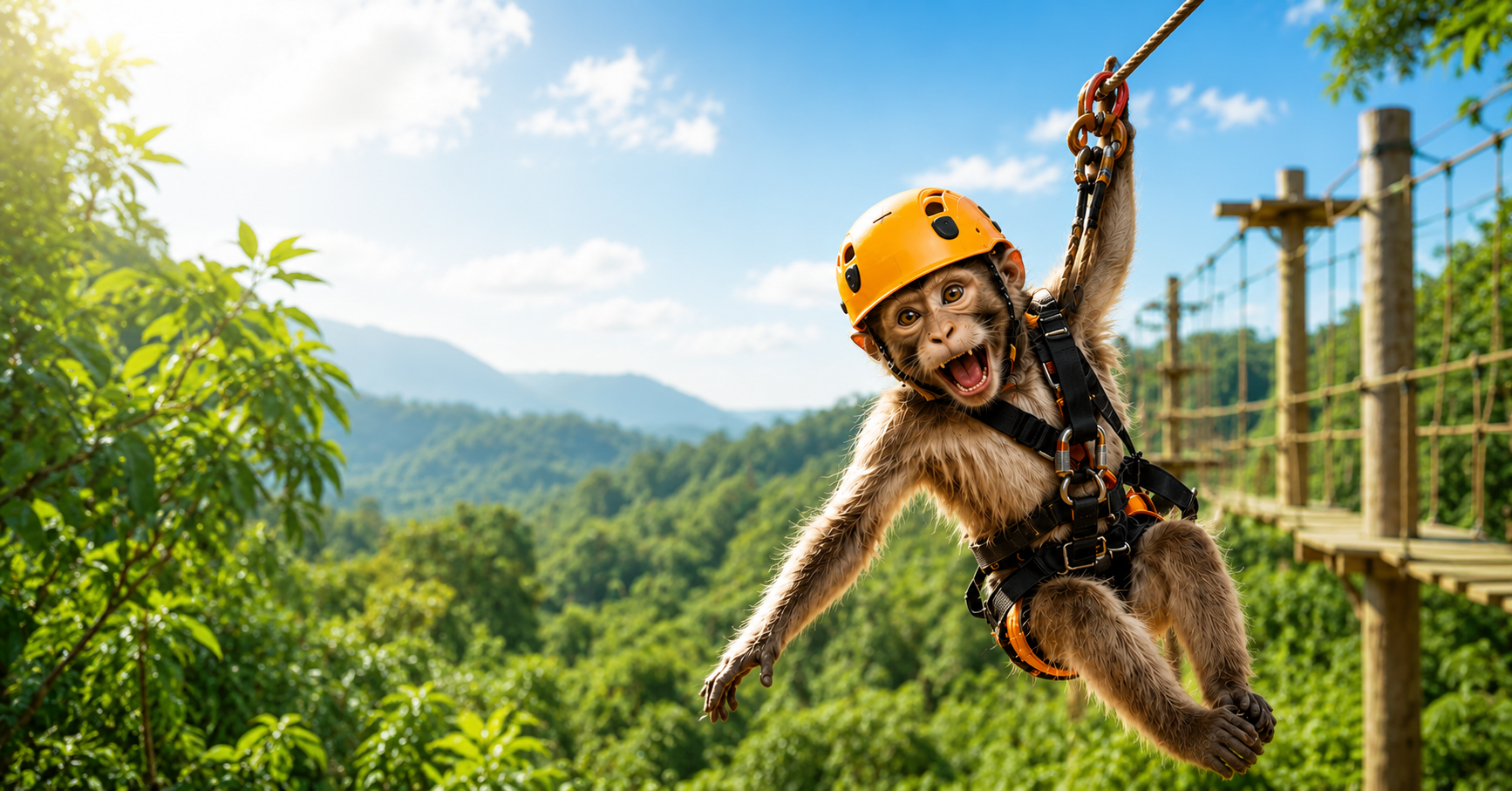 Person crossing rope bridge on Monkey Business Adventure Park zipline course at Deep Creek Lake
