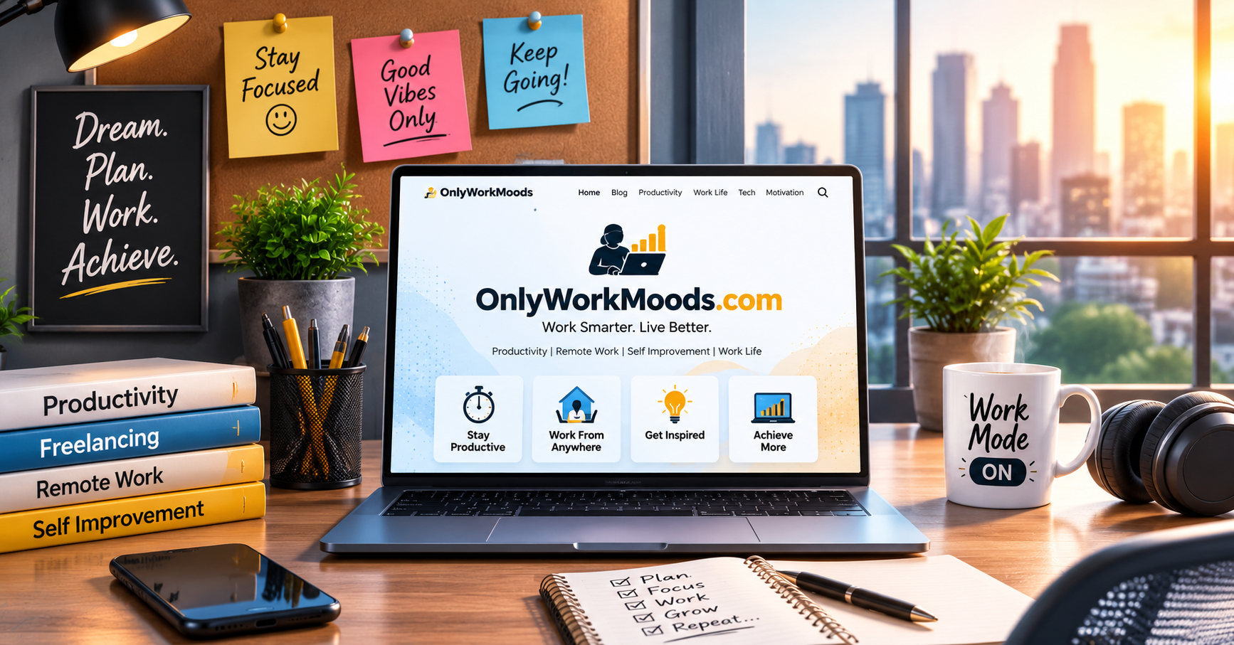 Illustration comparing onlyworkmoods com content blog features with real productivity software dashboards.