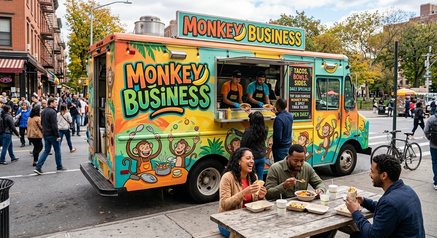 Monkey Business food truck parked at a local food truck rally serving customers