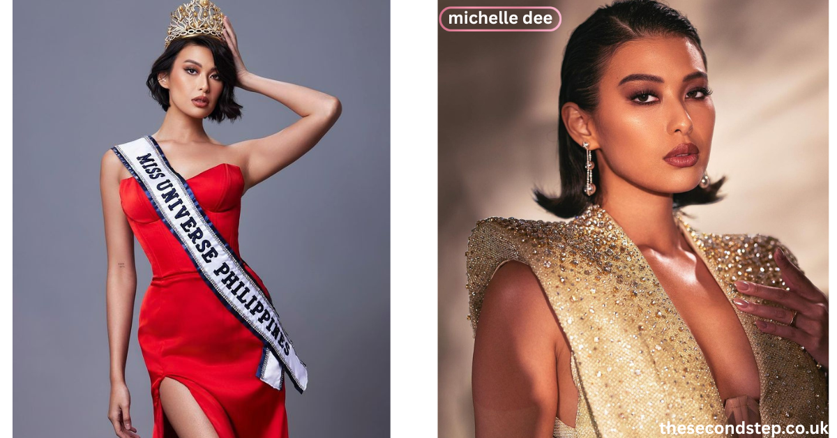 Michelle Dee wearing an evening gown on stage at Miss Universe.